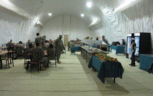 soldiers dine in shelter mess hall