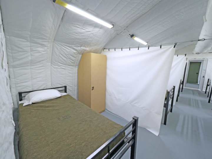 military shelter with soft wall partition and folding hard wall locker