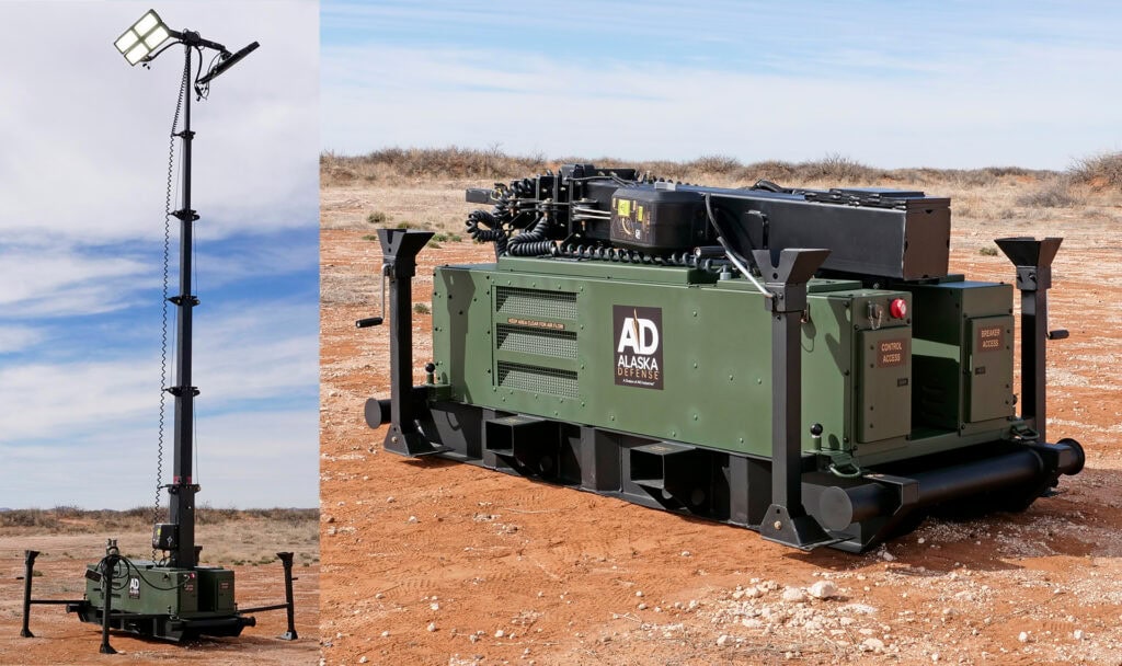 Alaska Skid-Mounted 3kW Light Towerâ„¢ displayed in deployed and stowed configurations, illustrating rapid deployment and compact transport readiness.